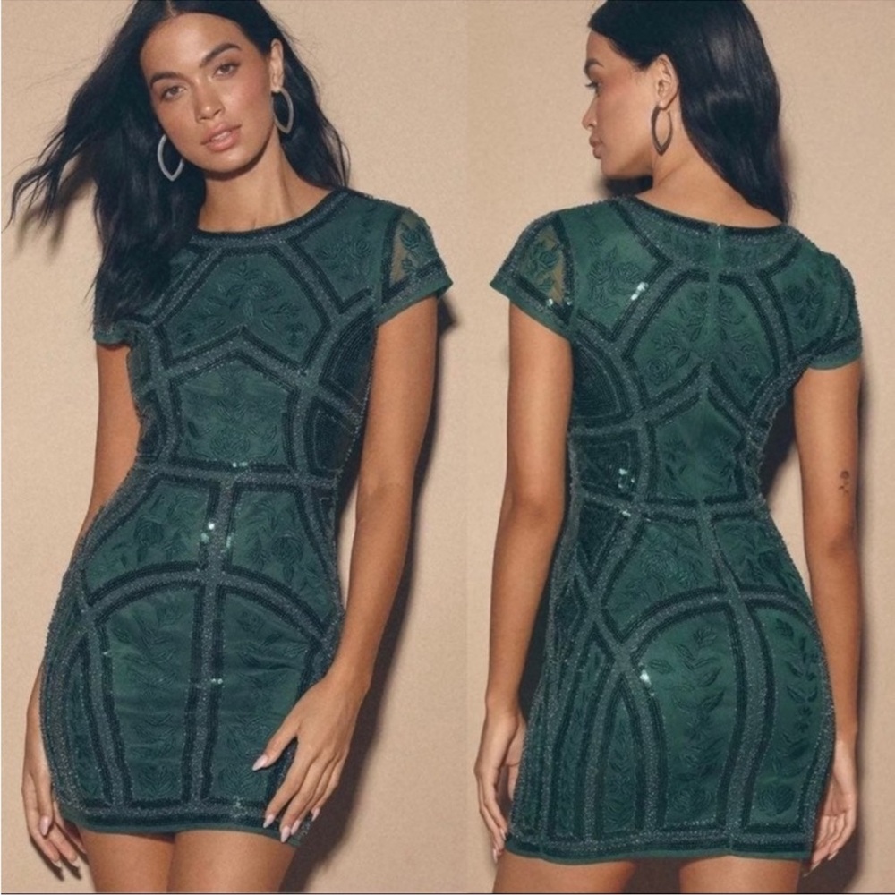 Lulus Spread Your Shine Emerald Green Sequin Embroidered Bodycon Dress XS